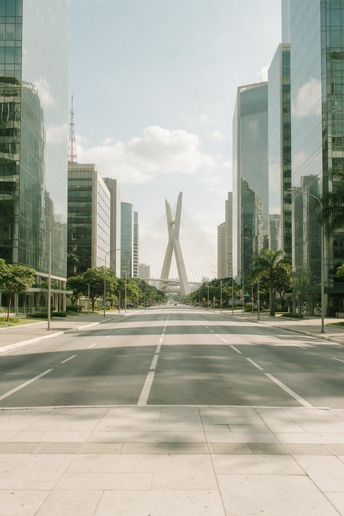 Avenida Berrini vista da calçada, com torres de escritório de vidro dos dois lados e a ponte estaiada ao fundo Avenida Berrini vista da calçada, com torres de escritório de vidro dos dois lados e a ponte estaiada ao fundo