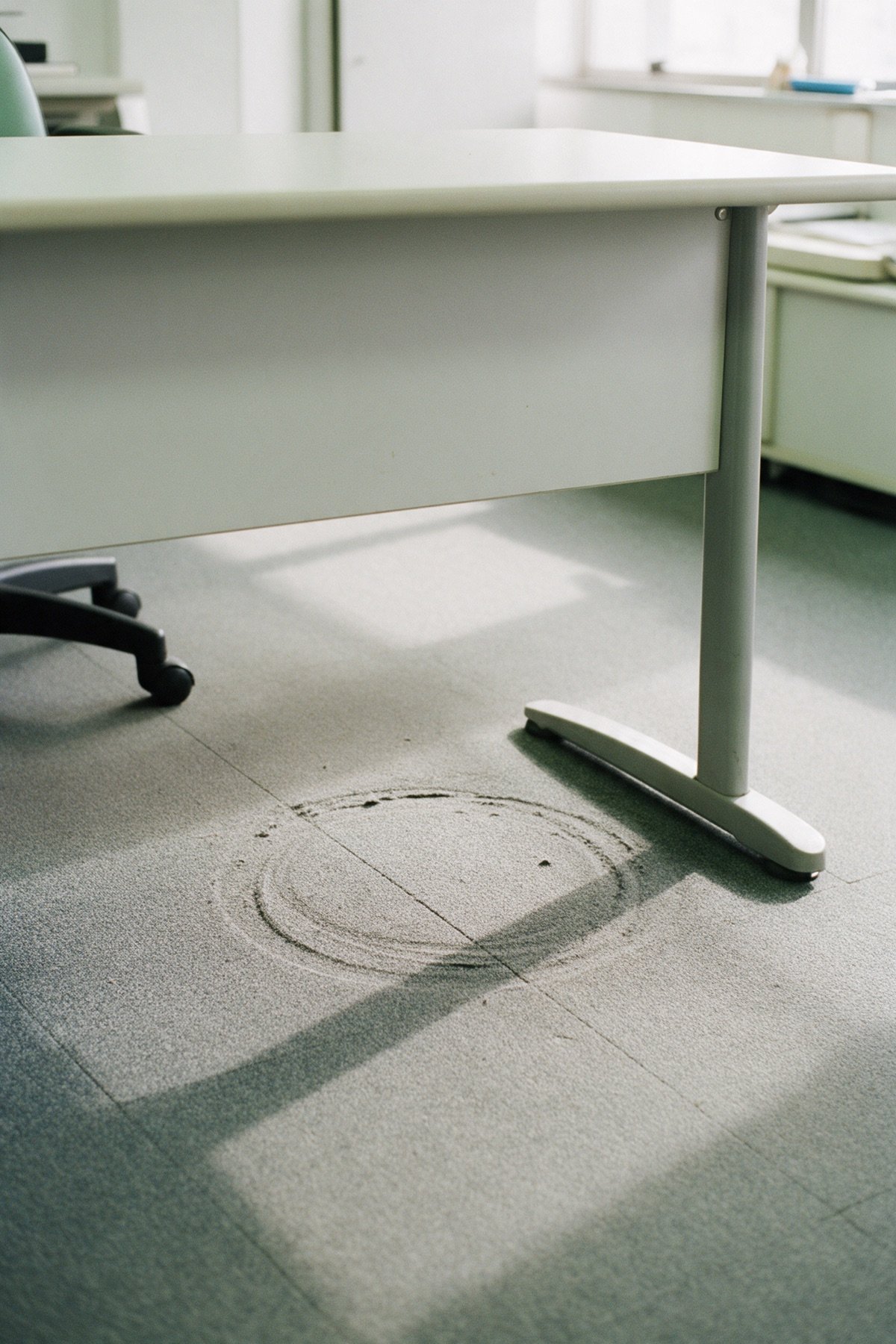 Carpete cinza de escritório embaixo de uma mesa de trabalho, com a marca circular deixada pelo rodízio de uma cadeira