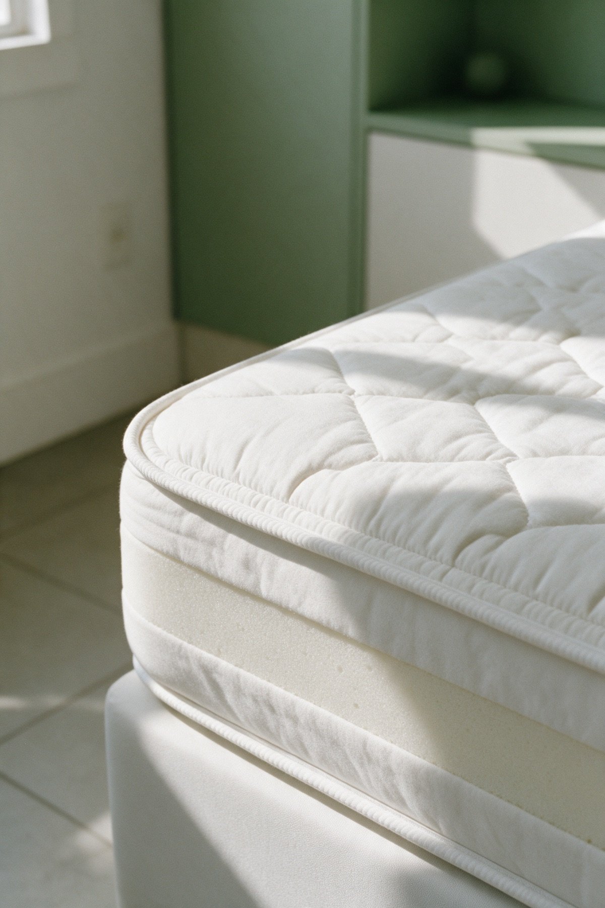 Detalhe do canto de um colchão branco, mostrando o pespontado da capa, o debrum da borda e a espuma clara da lateral Detalhe do canto de um colchão branco, mostrando o pespontado da capa, o debrum da borda e a espuma clara da lateral