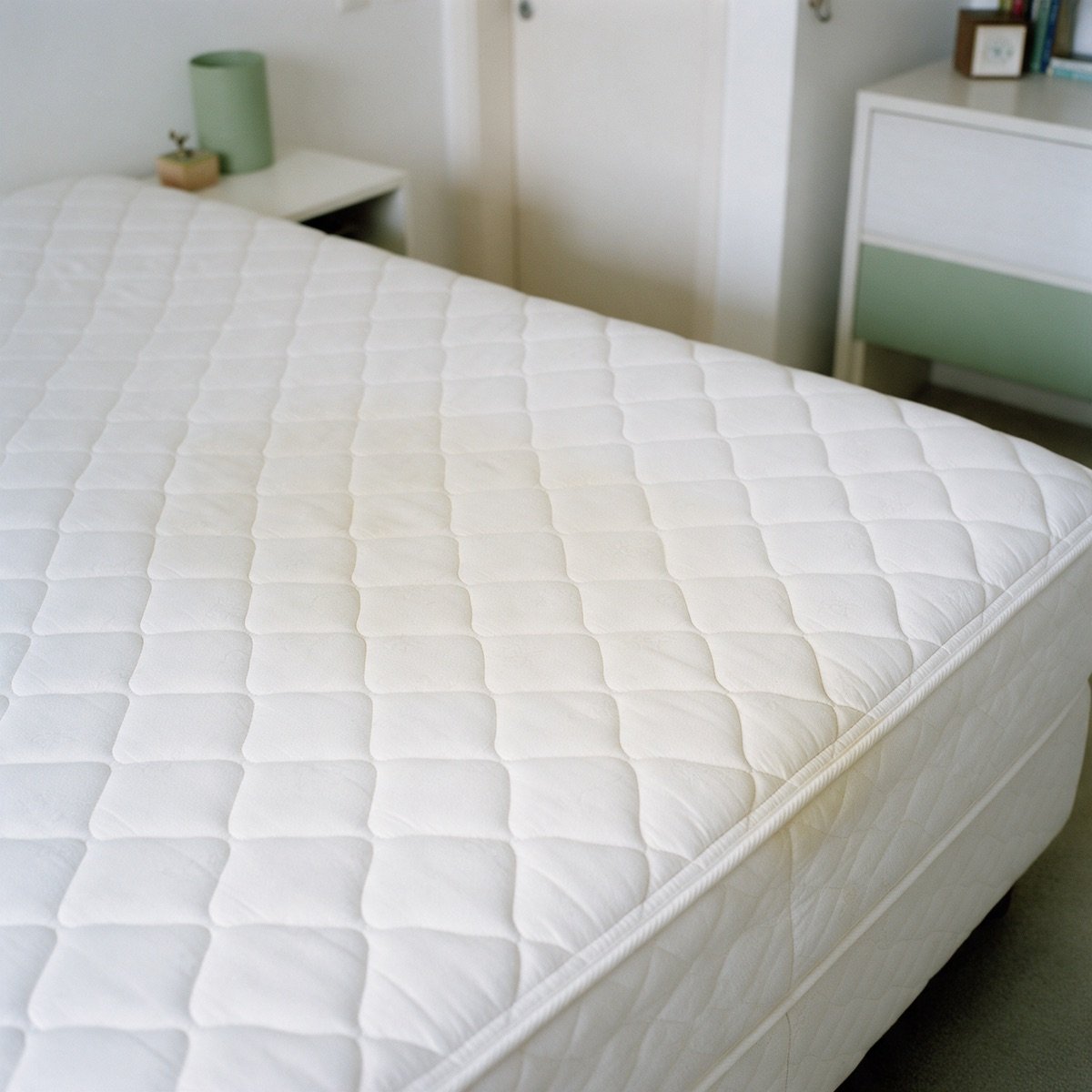 Colchão branco pespontado sem roupa de cama, visto em ângulo, com uma faixa amarelada difusa ao longo do centro do painel Colchão branco pespontado sem roupa de cama, visto em ângulo, com uma faixa amarelada difusa ao longo do centro do painel