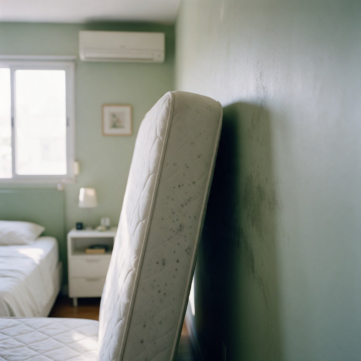 Colchão apoiado em pé contra a parede de um quarto, com salpicos escuros no tecido acolchoado da lateral e uma mancha escura de umidade na parede atrás Colchão apoiado em pé contra a parede de um quarto, com salpicos escuros no tecido acolchoado da lateral e uma mancha escura de umidade na parede atrás