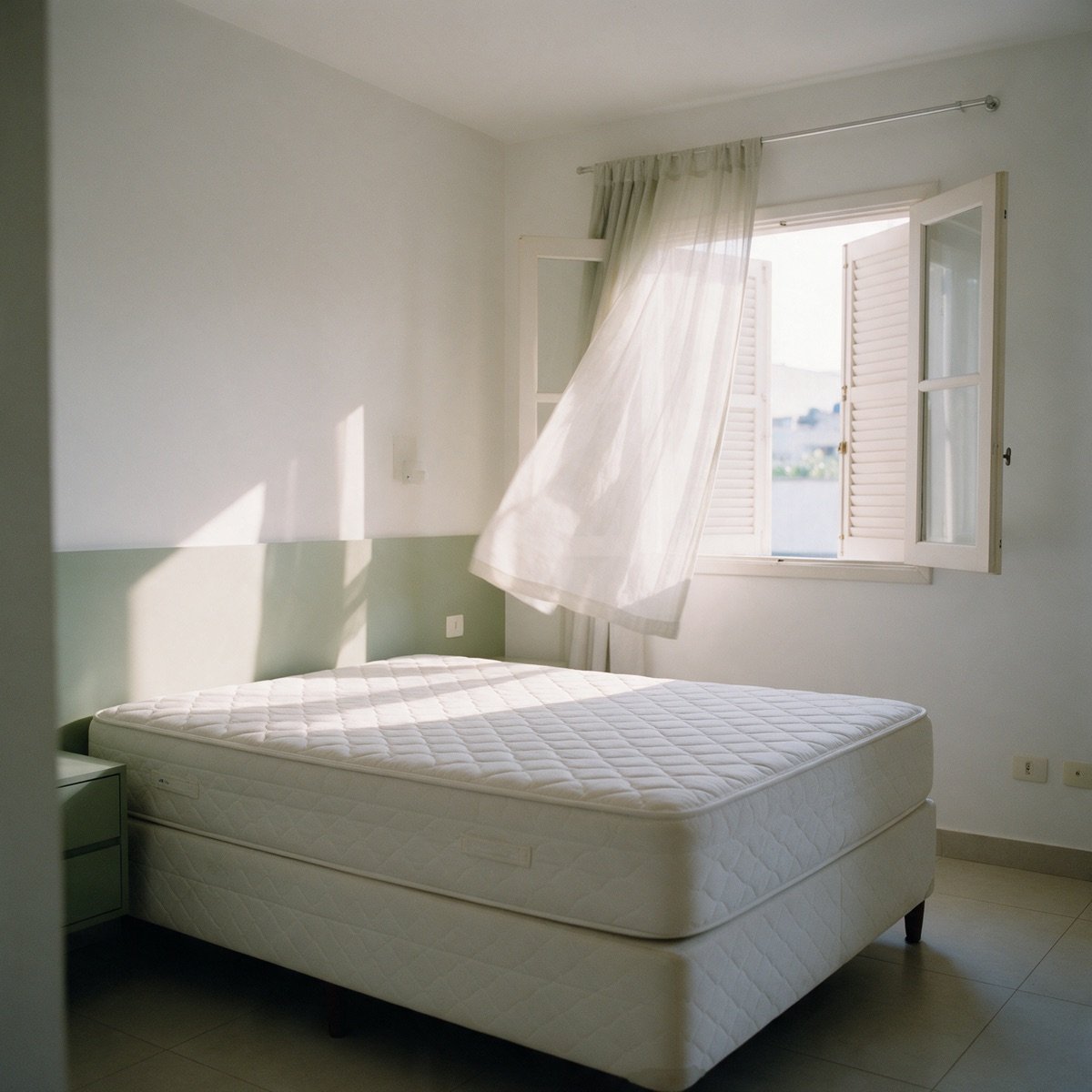 Colchão branco sem roupa de cama num quarto claro, com a luz da manhã entrando por uma janela aberta ao lado Colchão branco sem roupa de cama num quarto claro, com a luz da manhã entrando por uma janela aberta ao lado
