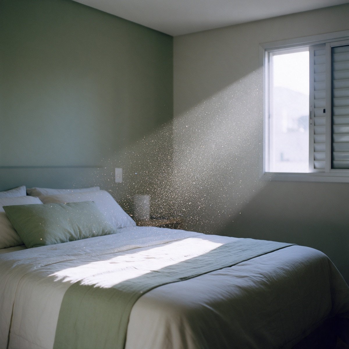 Feixe de luz do sol atravessando um quarto e revelando partículas de poeira suspensas no ar sobre a cama Feixe de luz do sol atravessando um quarto e revelando partículas de poeira suspensas no ar sobre a cama