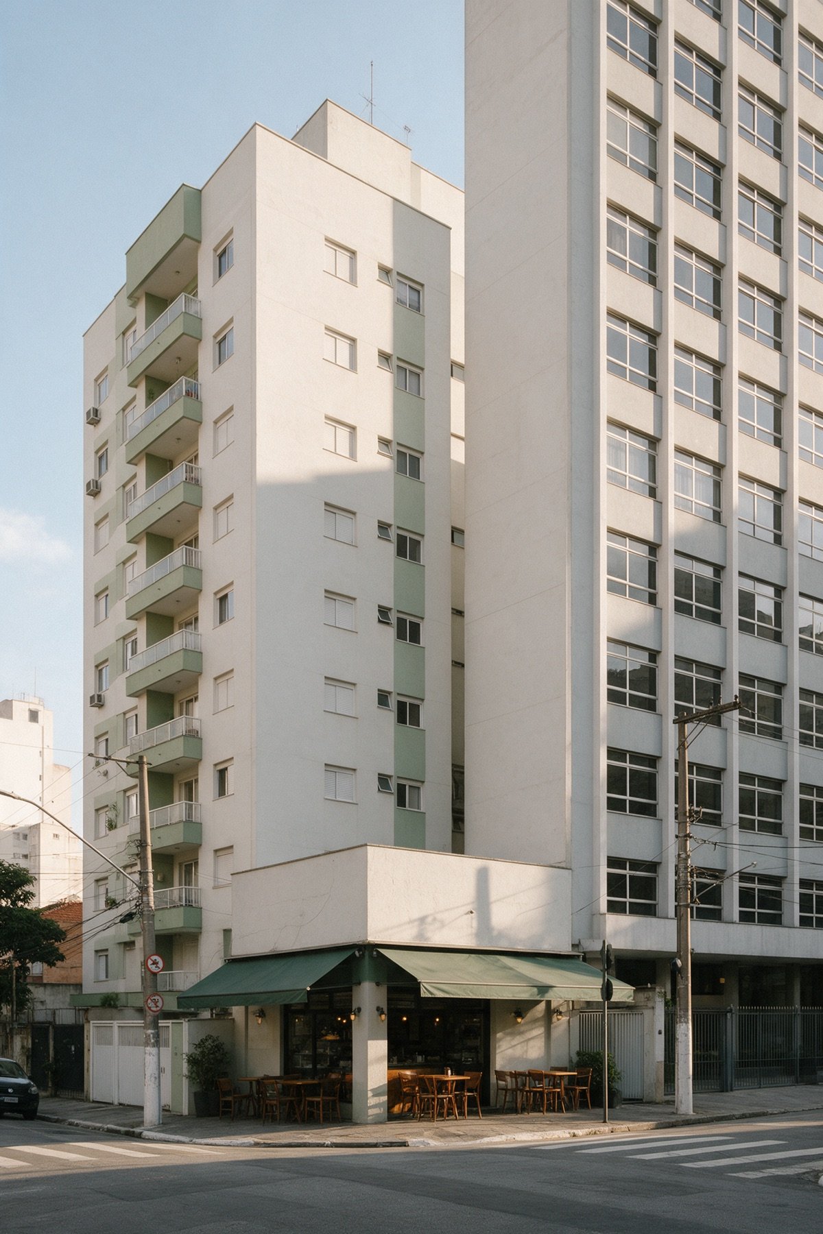 Esquina com um prédio residencial de balcões verdes, um restaurante de toldo verde no térreo e um edifício de escritórios colado ao lado Esquina com um prédio residencial de balcões verdes, um restaurante de toldo verde no térreo e um edifício de escritórios colado ao lado