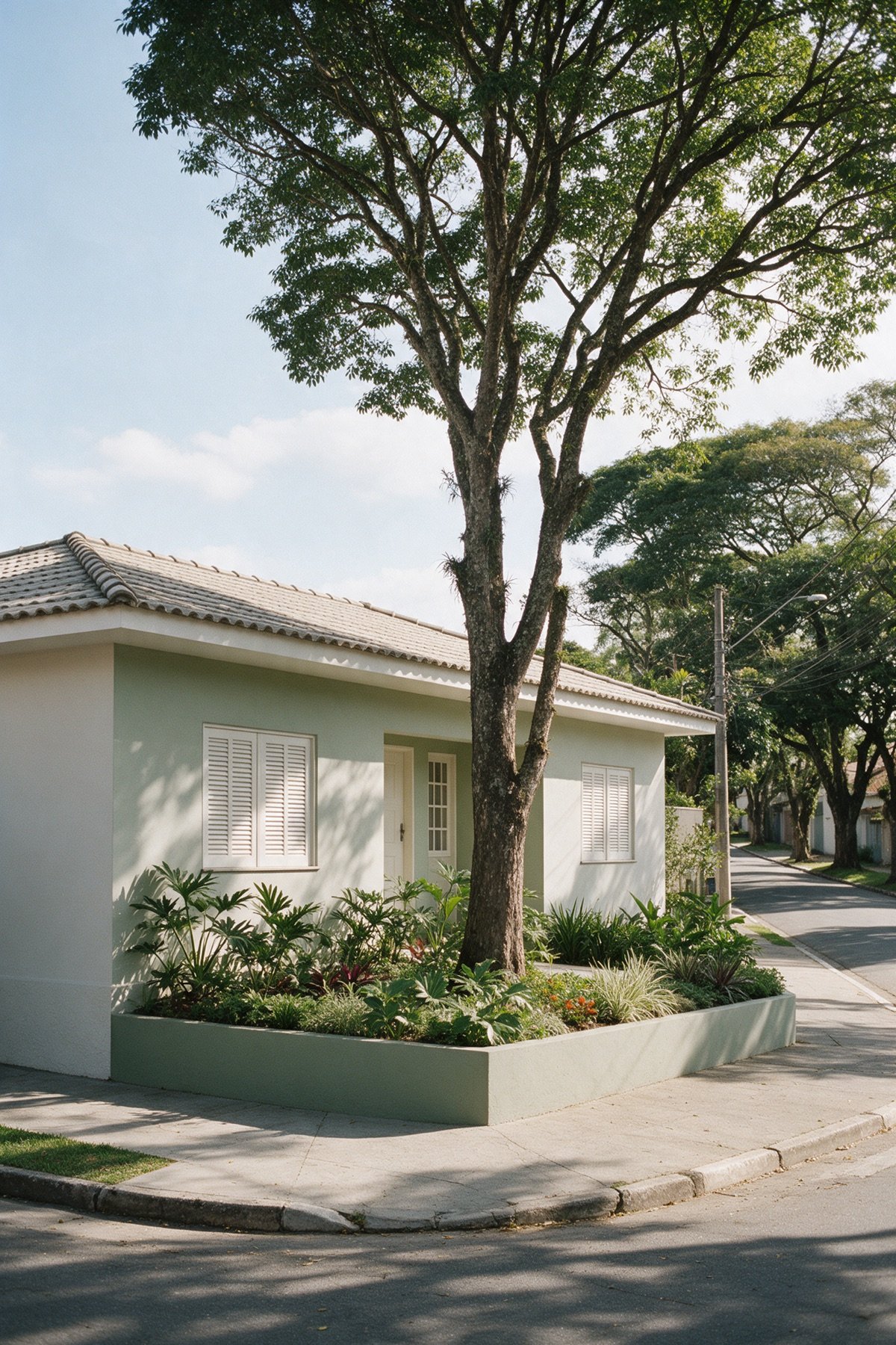 Fachada de casa térrea dos Jardins vista da calçada, com recuo ajardinado, árvore alta na frente e rua arborizada ao lado