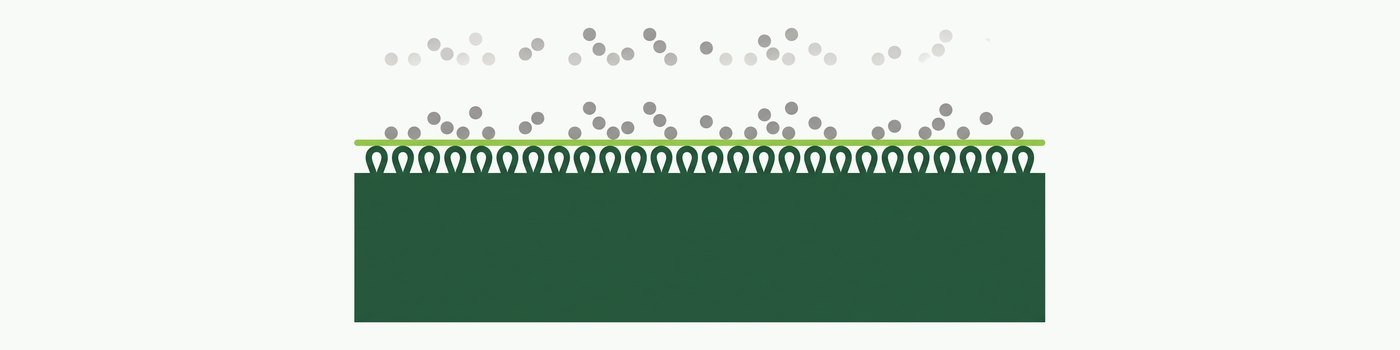 Corte do tecido em desenho, com a trama em laçadas no topo e o enchimento embaixo, mais um fio lima correndo na superfície. Os pontos cinza de poeira estão soltos acima do fio, nenhum entre as laçadas Corte do tecido em desenho, com a trama em laçadas no topo e o enchimento embaixo, mais um fio lima correndo na superfície. Os pontos cinza de poeira estão soltos acima do fio, nenhum entre as laçadas