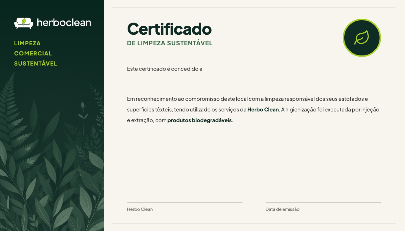 Detalhe do certificado de limpeza sustentável emitido pela Herbo Clean